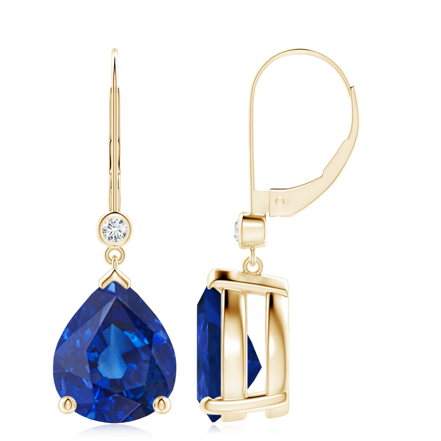 Angara 10.07 CTW Pear-Shaped Sapphire Leverback Drop Earrings with Diamond in 18K Yellow Gold