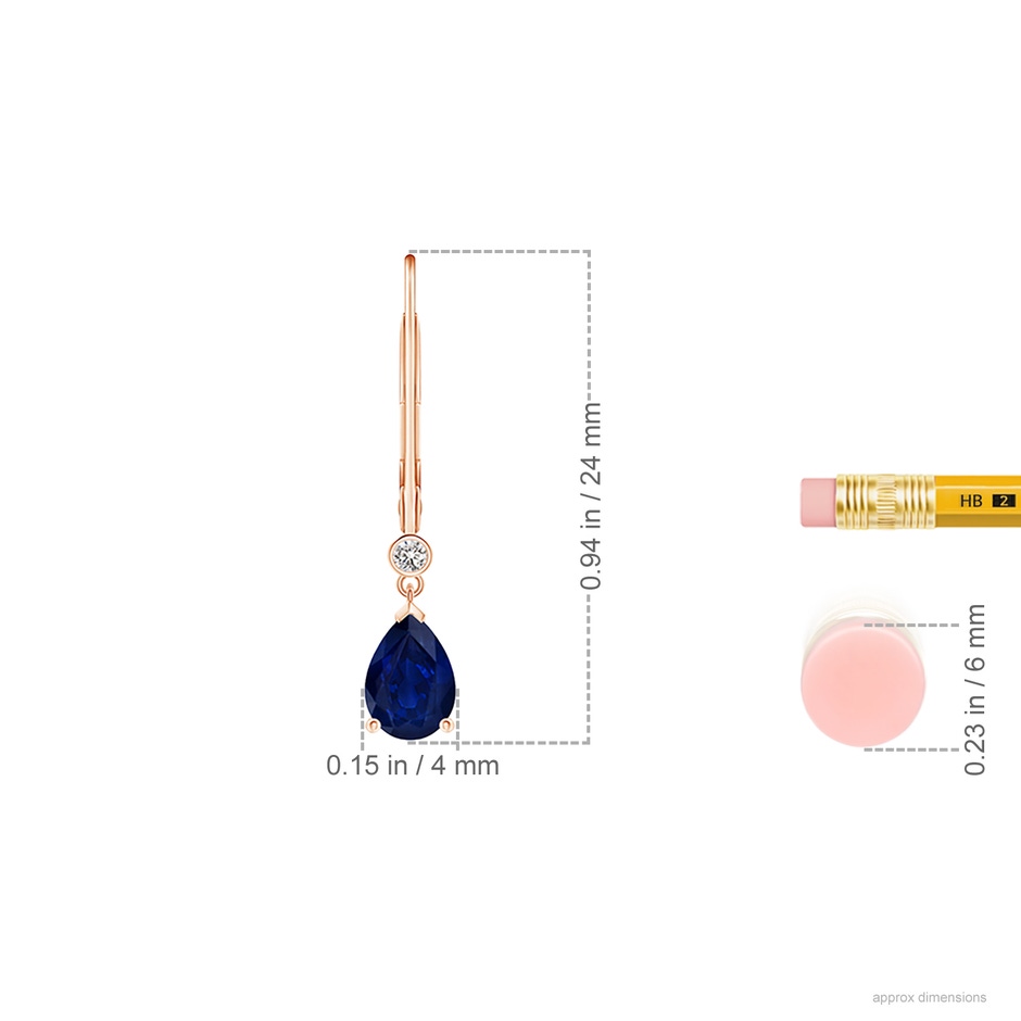 6x4mm AA Pear-Shaped Sapphire Leverback Drop Earrings with Diamond in Rose Gold ruler