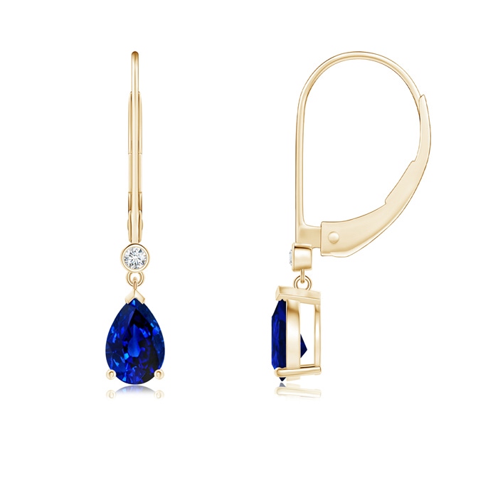 6x4mm AAAA Pear-Shaped Sapphire Leverback Drop Earrings with Diamond in Yellow Gold