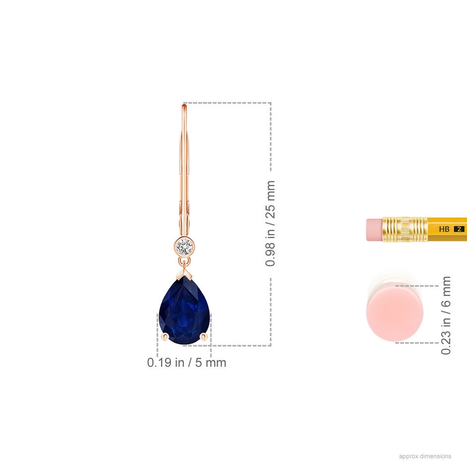 7x5mm AA Pear-Shaped Sapphire Leverback Drop Earrings with Diamond in Rose Gold ruler