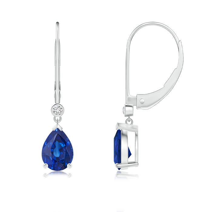 7x5mm AAA Pear-Shaped Sapphire Leverback Drop Earrings with Diamond in 18K White Gold