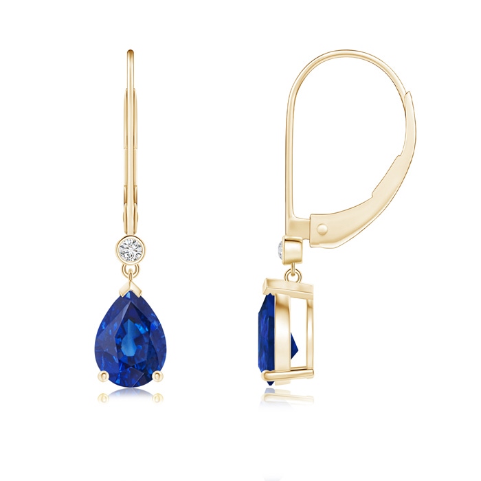 7x5mm AAA Pear-Shaped Sapphire Leverback Drop Earrings with Diamond in Yellow Gold 