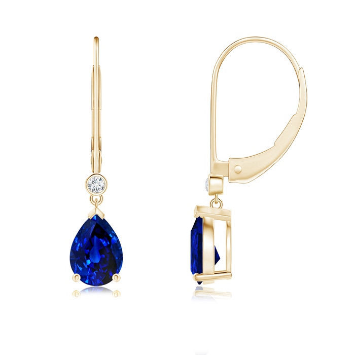 7x5mm AAAA Pear-Shaped Sapphire Leverback Drop Earrings with Diamond in Yellow Gold 