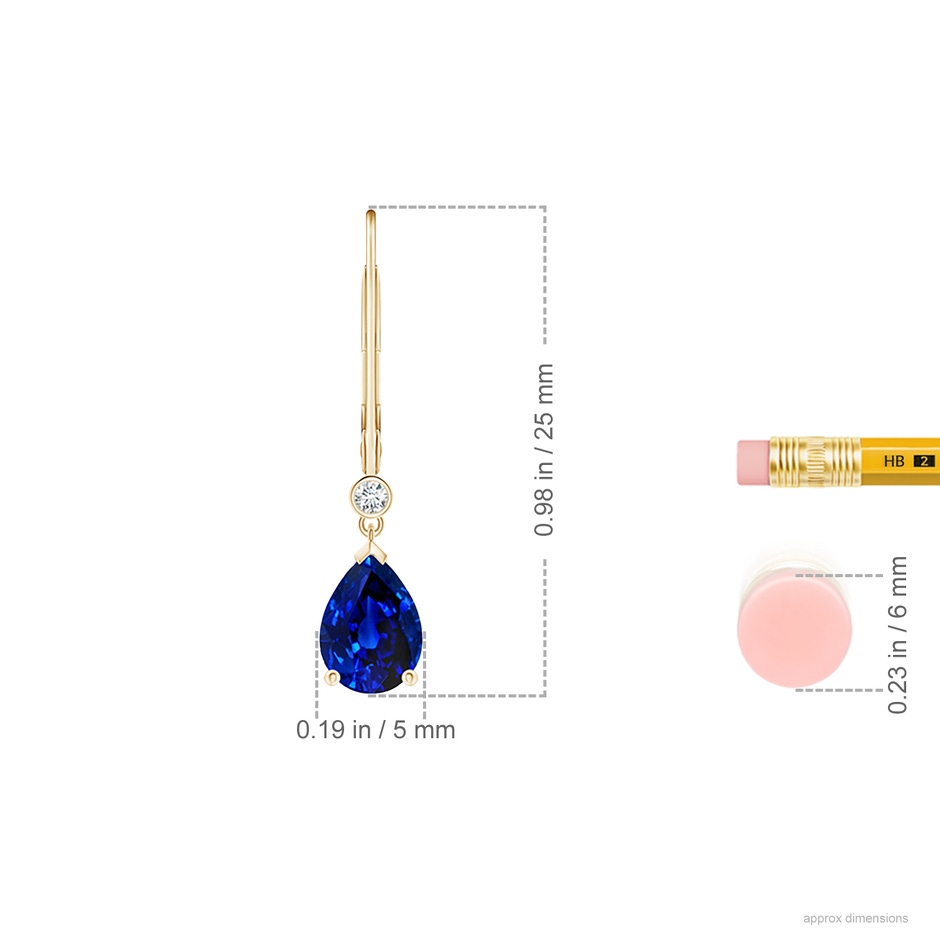 7x5mm AAAA Pear-Shaped Sapphire Leverback Drop Earrings with Diamond in Yellow Gold ruler