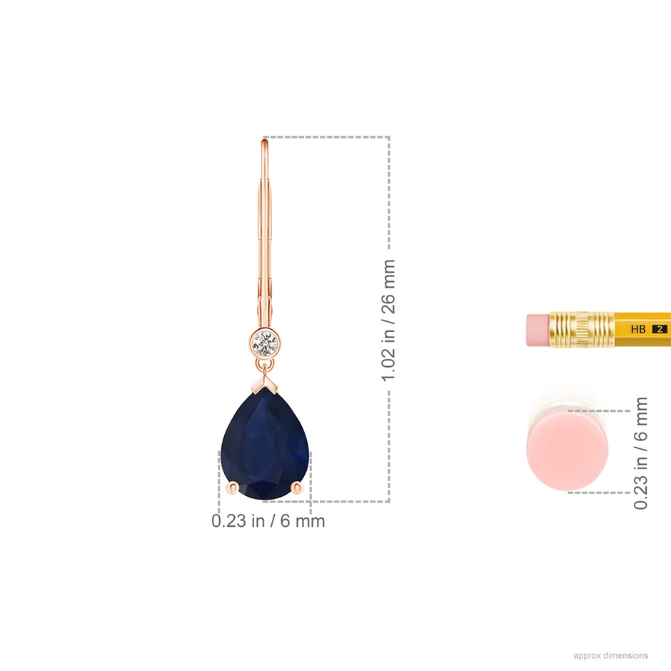 8x6mm A Pear-Shaped Sapphire Leverback Drop Earrings with Diamond in Rose Gold ruler