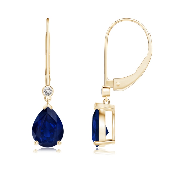 8x6mm AA Pear-Shaped Sapphire Leverback Drop Earrings with Diamond in Yellow Gold 