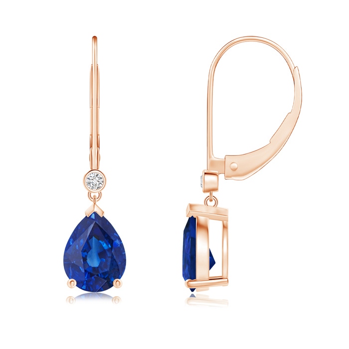 8x6mm AAA Pear-Shaped Sapphire Leverback Drop Earrings with Diamond in Rose Gold 