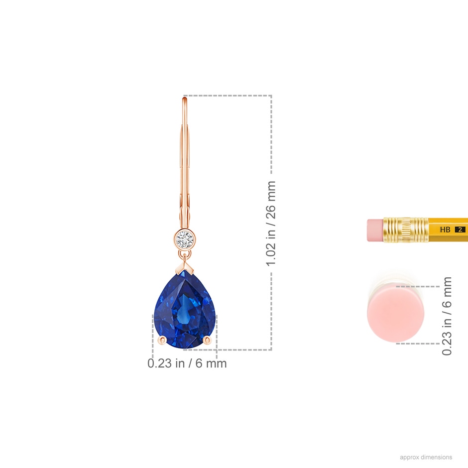 8x6mm AAA Pear-Shaped Sapphire Leverback Drop Earrings with Diamond in Rose Gold ruler