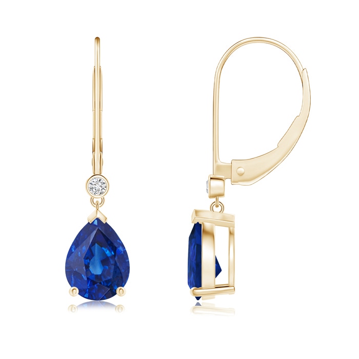 8x6mm AAA Pear-Shaped Sapphire Leverback Drop Earrings with Diamond in Yellow Gold 