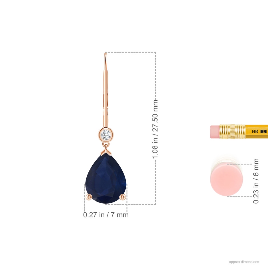 9x7mm A Pear-Shaped Sapphire Leverback Drop Earrings with Diamond in Rose Gold ruler