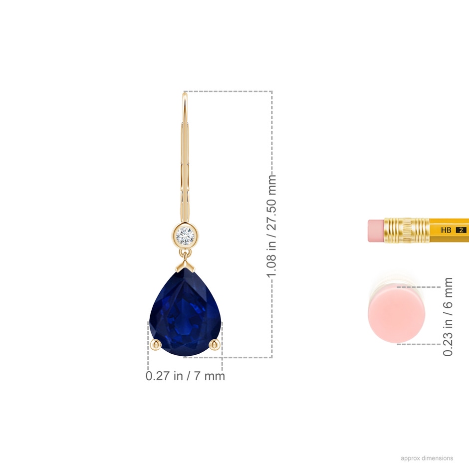 9x7mm AA Pear-Shaped Sapphire Leverback Drop Earrings with Diamond in Yellow Gold ruler
