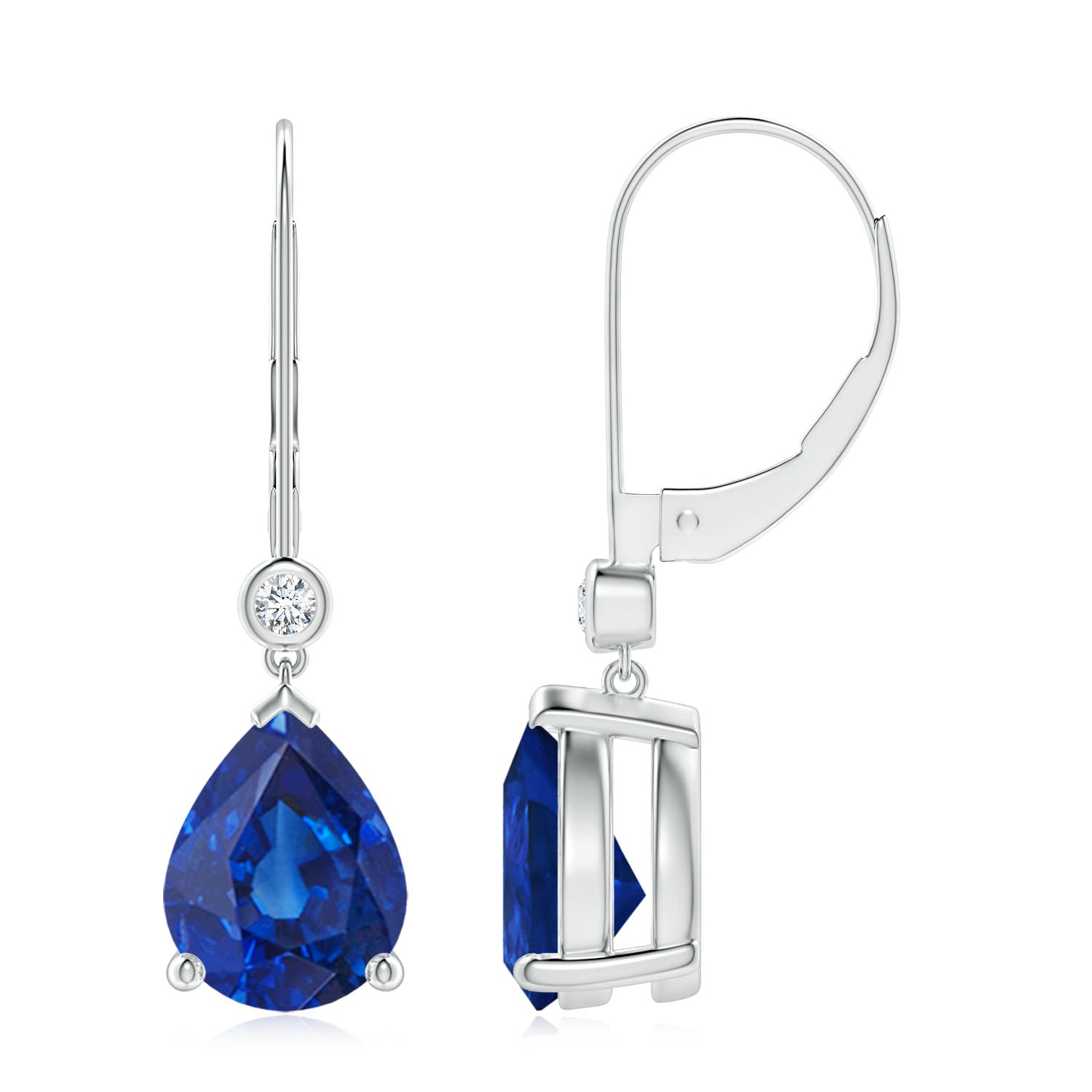 9x7mm AAA Pear-Shaped Sapphire Leverback Drop Earrings with Diamond in White Gold