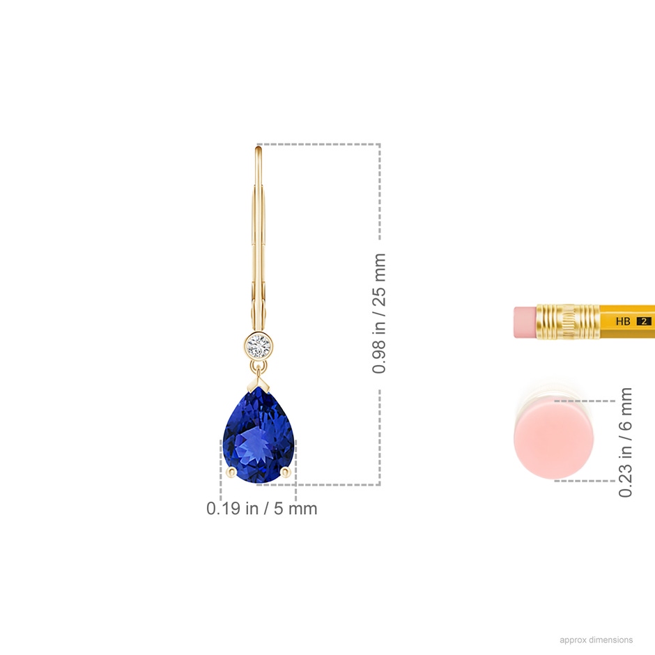 7x5mm AAA Pear-Shaped Tanzanite Leverback Drop Earrings with Diamond in Yellow Gold ruler