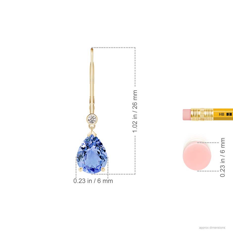 8x6mm A Pear-Shaped Tanzanite Leverback Drop Earrings with Diamond in Yellow Gold ruler