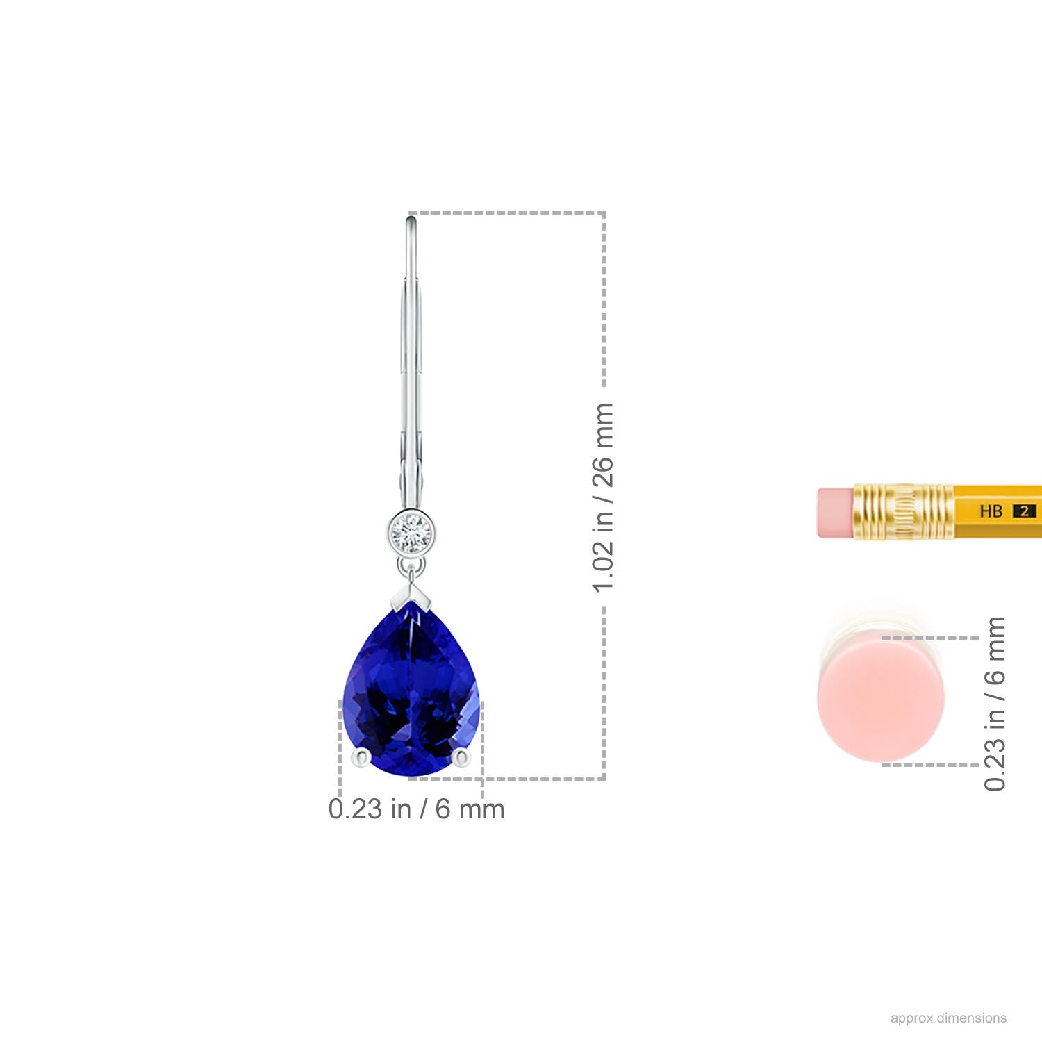 8x6mm AAAA Pear-Shaped Tanzanite Leverback Drop Earrings with Diamond in White Gold - ruler