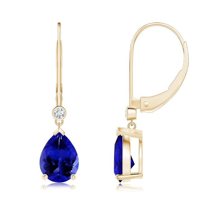 8x6mm AAAA Pear-Shaped Tanzanite Leverback Drop Earrings with Diamond in Yellow Gold 
