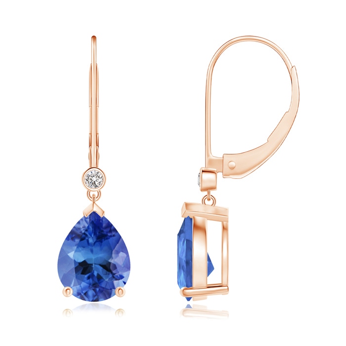 9x7mm AA Pear-Shaped Tanzanite Leverback Drop Earrings with Diamond in Rose Gold 