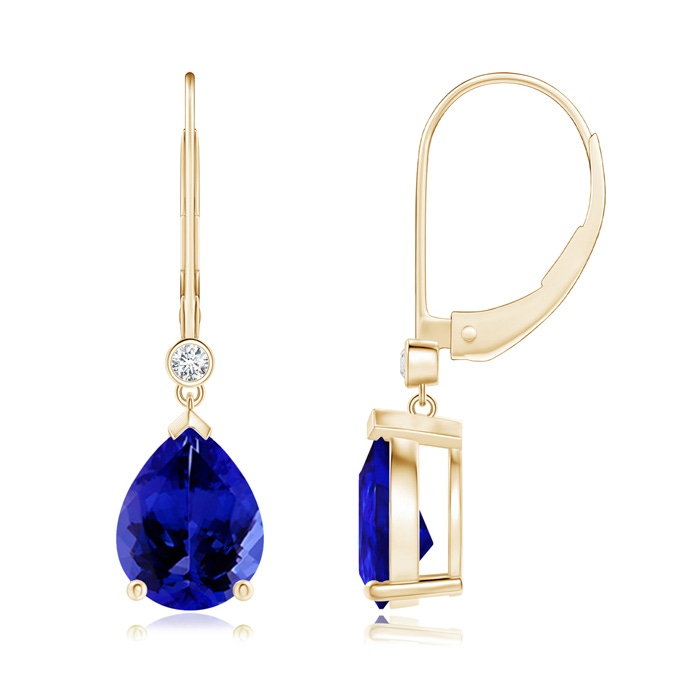 9x7mm AAAA Pear-Shaped Tanzanite Leverback Drop Earrings with Diamond in Yellow Gold 