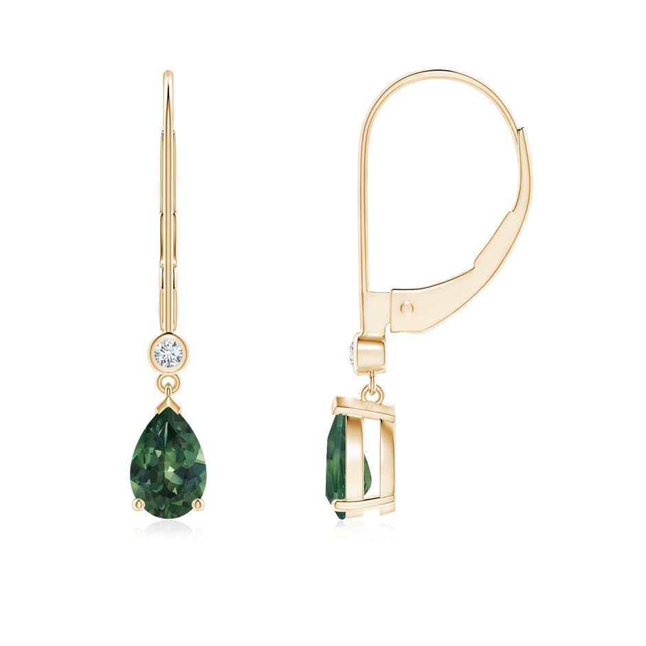 6x4mm AA Pear Teal Montana Sapphire Leverback Drop Earrings with Diamond in Yellow Gold 