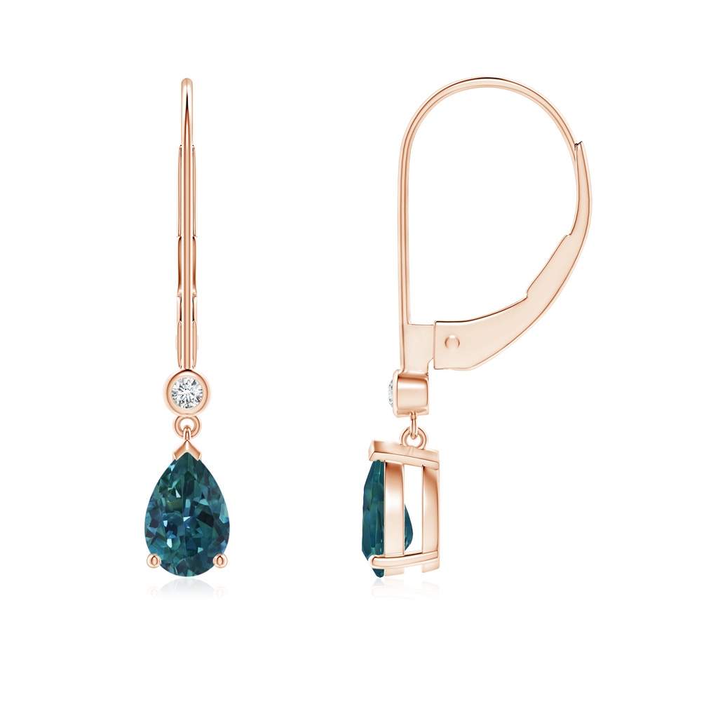 6x4mm AAA Pear Teal Montana Sapphire Leverback Drop Earrings with Diamond in Rose Gold