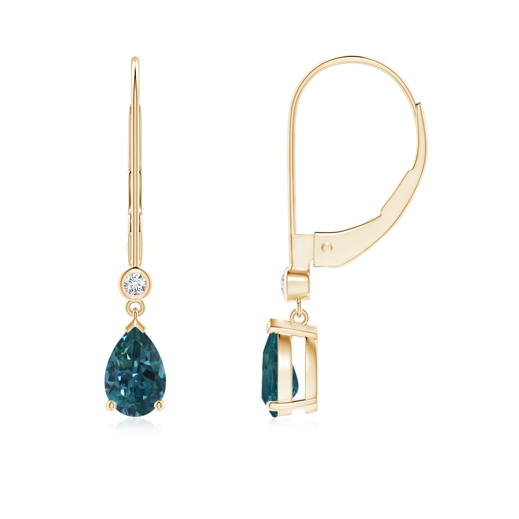 6x4mm AAA Pear Teal Montana Sapphire Leverback Drop Earrings with Diamond in Yellow Gold