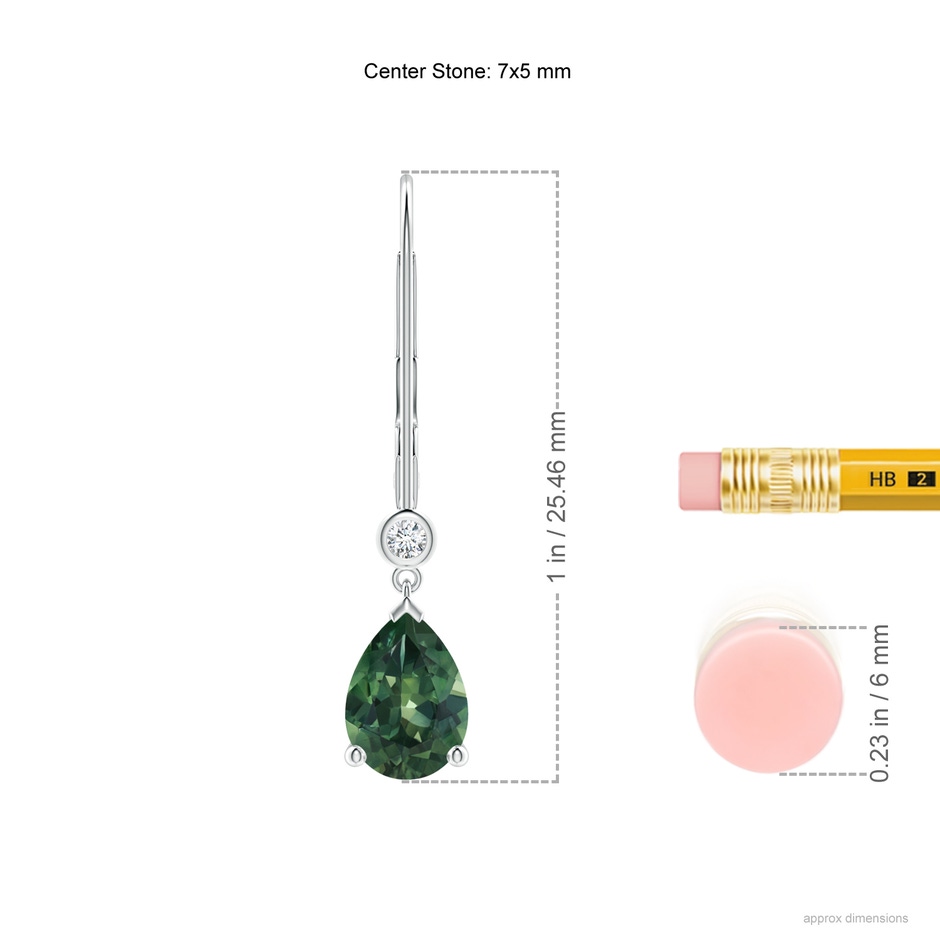 7x5mm AA Pear Teal Montana Sapphire Leverback Drop Earrings with Diamond in P950 Platinum ruler