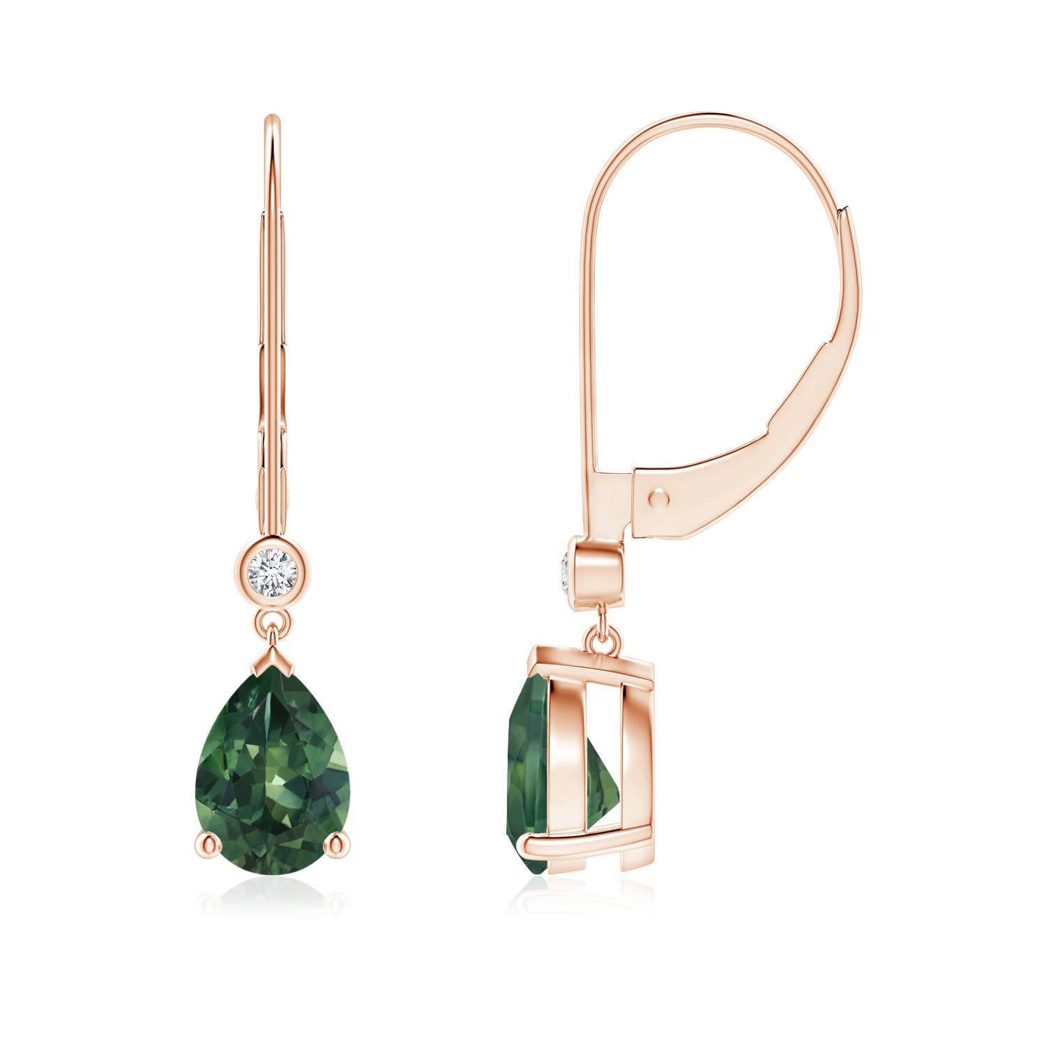 7x5mm AA Pear Teal Montana Sapphire Leverback Drop Earrings with Diamond in Rose Gold