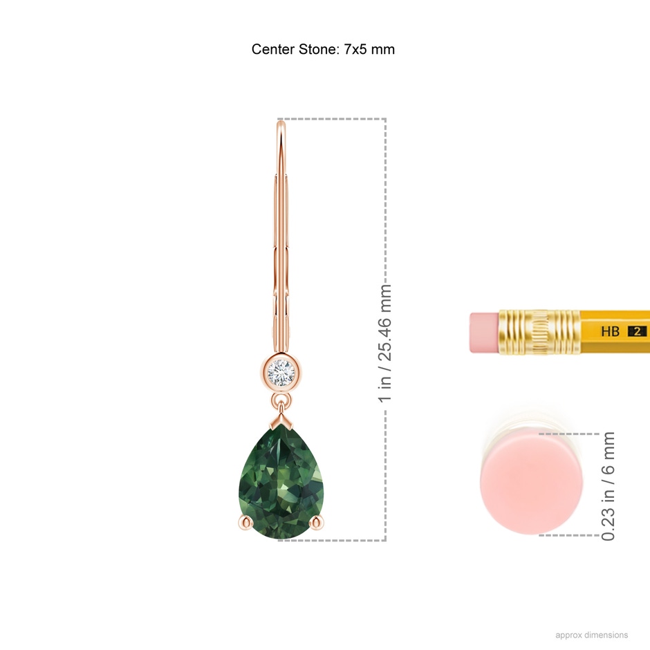 7x5mm AA Pear Teal Montana Sapphire Leverback Drop Earrings with Diamond in Rose Gold ruler