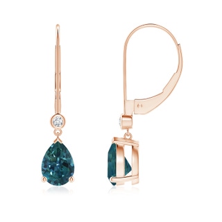 7x5mm AAA Pear Teal Montana Sapphire Leverback Drop Earrings with Diamond in 9K Rose Gold