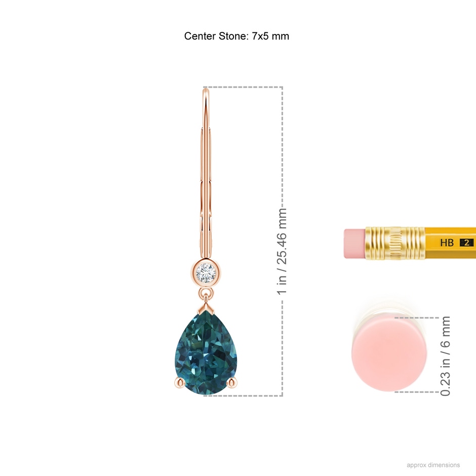 7x5mm AAA Pear Teal Montana Sapphire Leverback Drop Earrings with Diamond in Rose Gold ruler