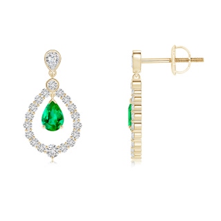 6x4mm AAA Pear Emerald Teardrop Earrings with Diamond Frame in Yellow Gold