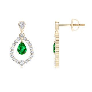 6x4mm AAAA Pear Emerald Teardrop Earrings with Diamond Frame in Yellow Gold