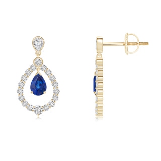 6x4mm AAA Pear Sapphire Teardrop Earrings with Diamond Frame in Yellow Gold