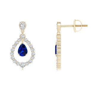 6x4mm AAAA Pear Sapphire Teardrop Earrings with Diamond Frame in Yellow Gold