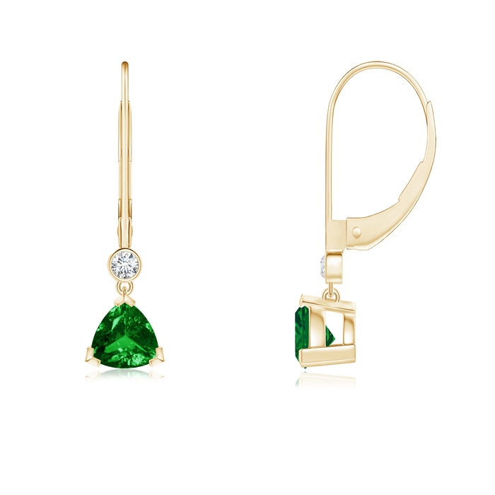 5mm AAAA V Prong-Set Trillion Emerald Leverback Drop Earrings in Yellow Gold