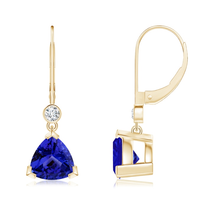 8mm AAAA V Prong-Set Trillion Tanzanite Leverback Drop Earrings in Yellow Gold 
