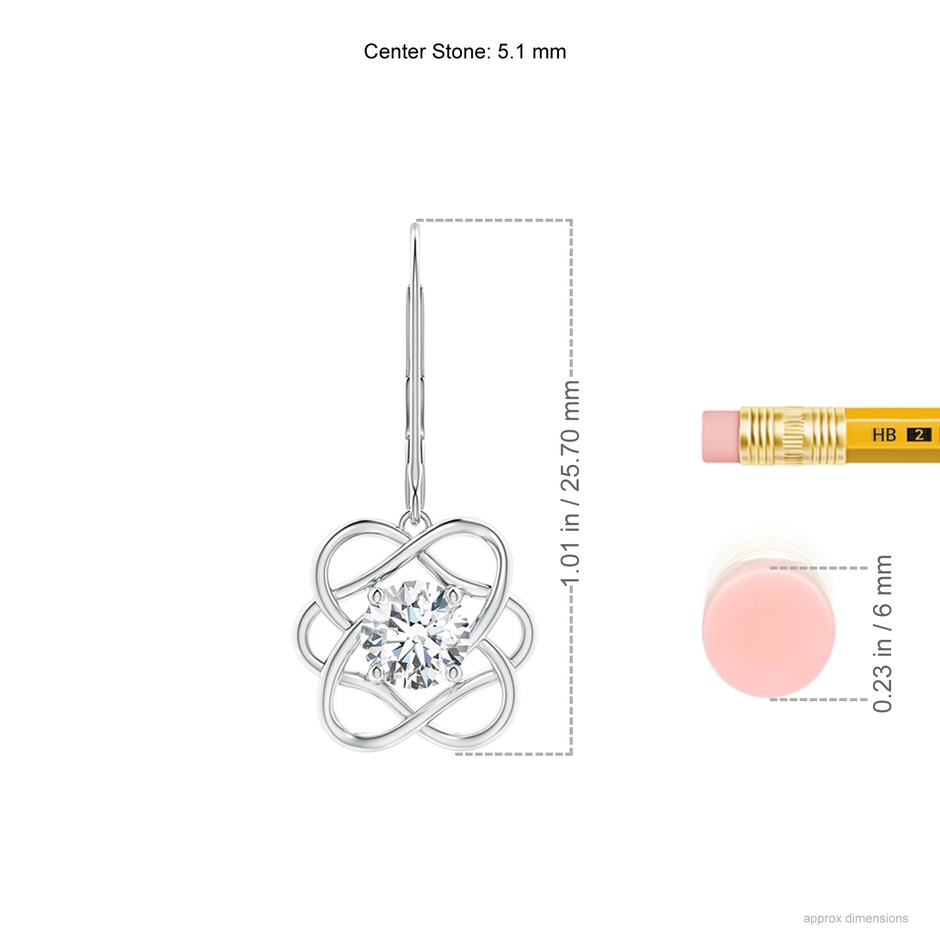 5.1mm GVS2 Solitaire Diamond Intertwined Flower Dangle Earrings in White Gold ruler