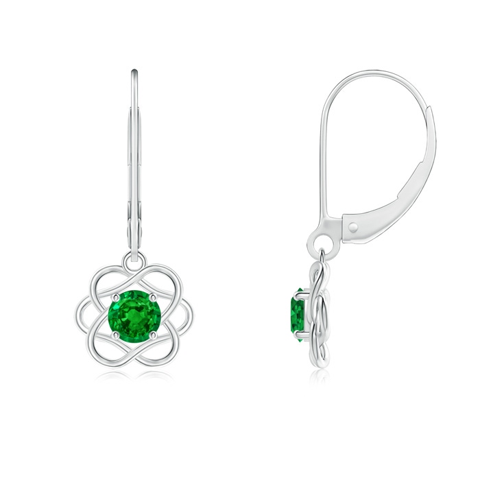 4mm AAAA Solitaire Emerald Intertwined Flower Dangle Earrings in White Gold 