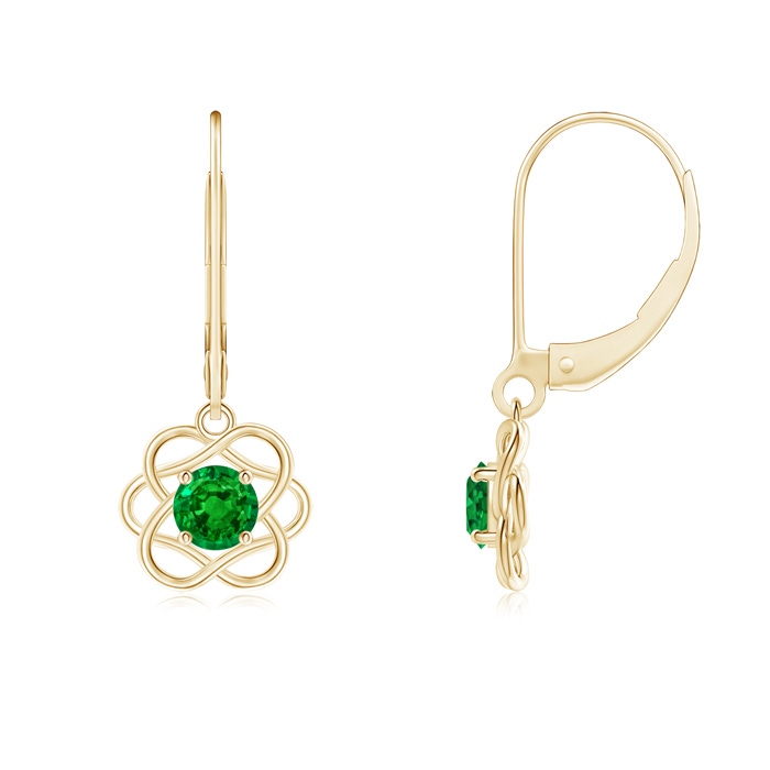 4mm AAAA Solitaire Emerald Intertwined Flower Dangle Earrings in Yellow Gold 