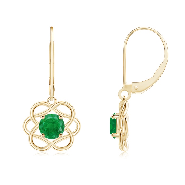 5mm AA Solitaire Emerald Intertwined Flower Dangle Earrings in Yellow Gold 