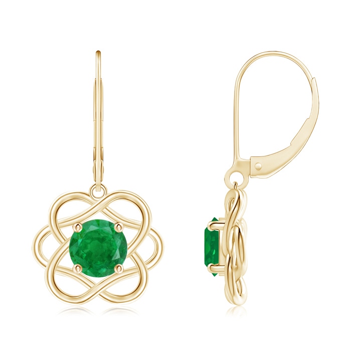 6mm AA Solitaire Emerald Intertwined Flower Dangle Earrings in Yellow Gold 