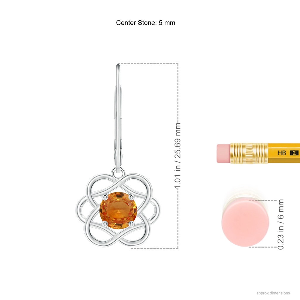 5mm AAA Solitaire Orange Sapphire Intertwined Flower Dangle Earrings in White Gold Ruler