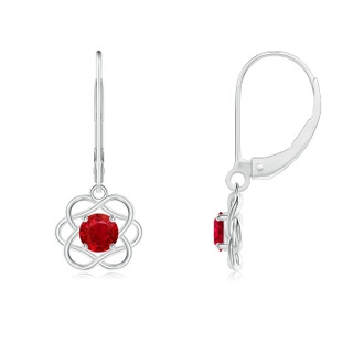 4mm AAA Solitaire Ruby Intertwined Flower Dangle Earrings in White Gold