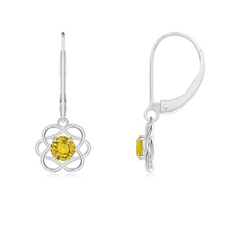 4mm AAAA Solitaire Yellow Sapphire Intertwined Flower Dangle Earrings in White Gold