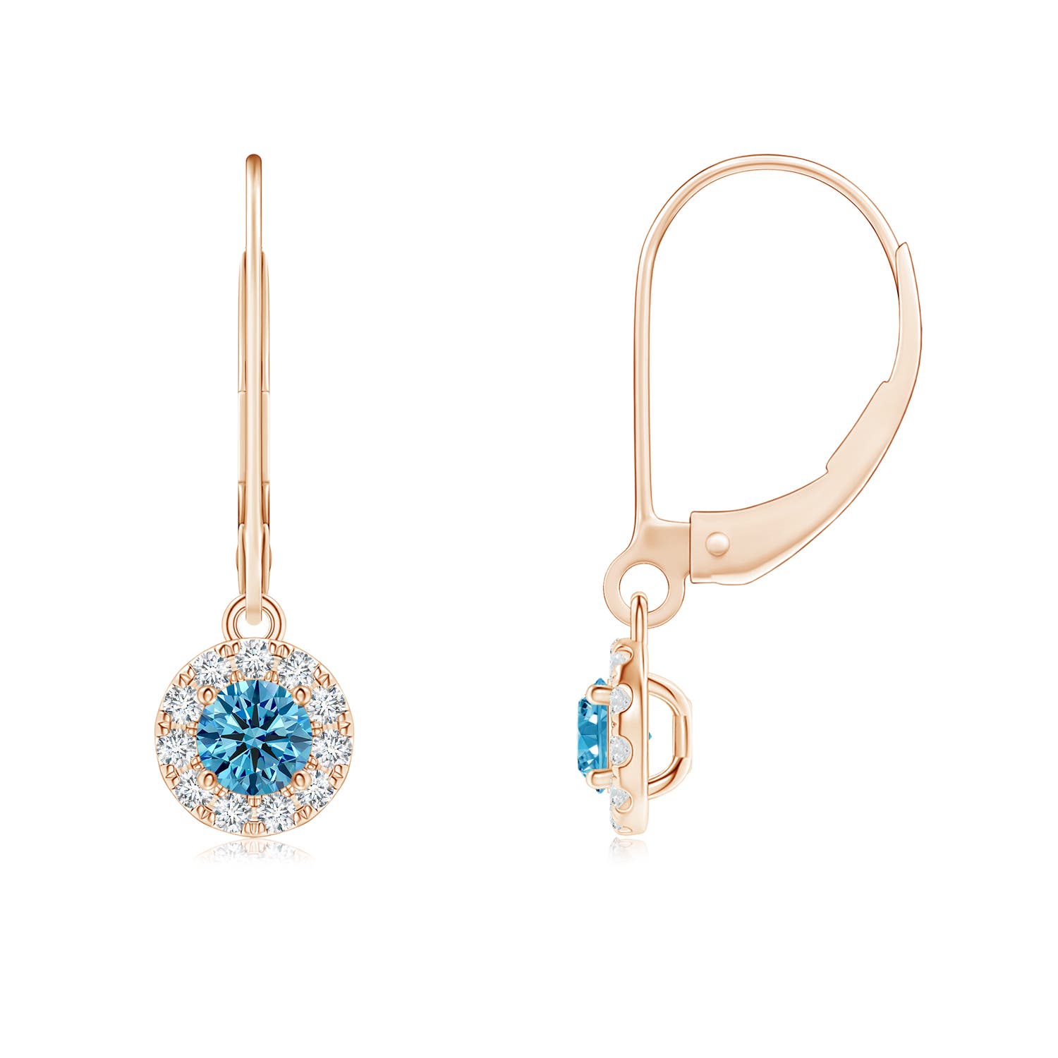 Angara 0.49 CTW Round Fancy Intense Blue Diamond Leverback Halo Dangle Earrings in 18K Rose Gold