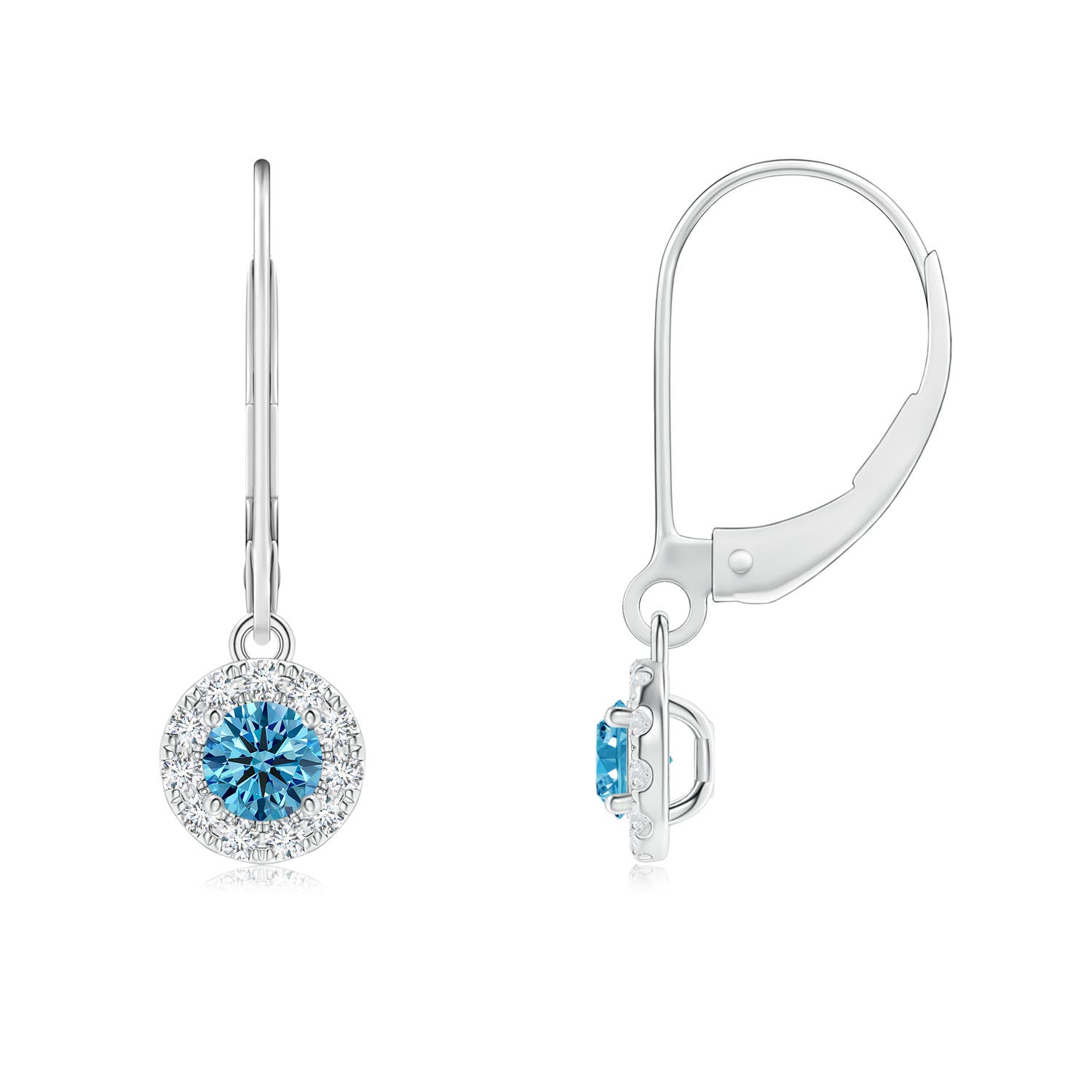 Angara 0.49 CTW Round Fancy Intense Blue Diamond Leverback Halo Dangle Earrings in Platinum