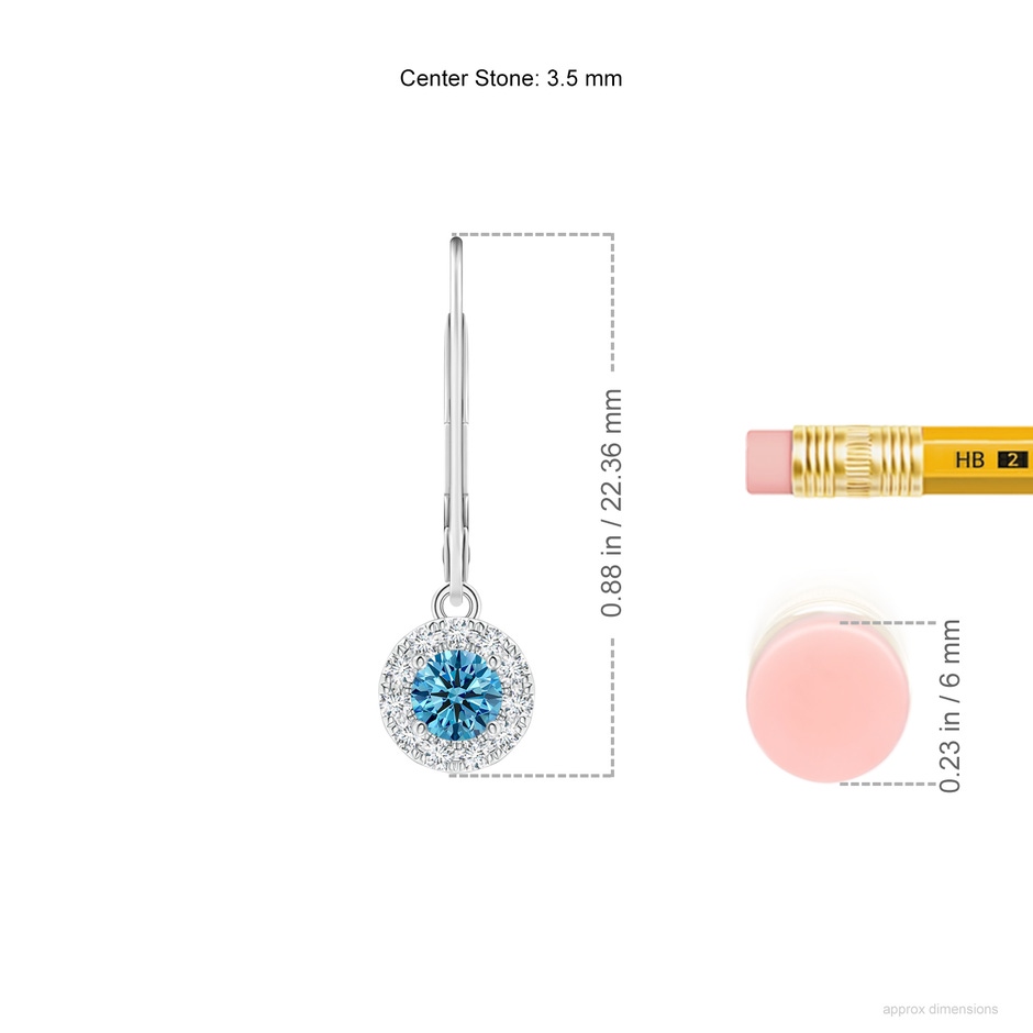 3.5mm AAAA Round Fancy Intense Blue Diamond Leverback Halo Dangle Earrings in P950 Platinum ruler