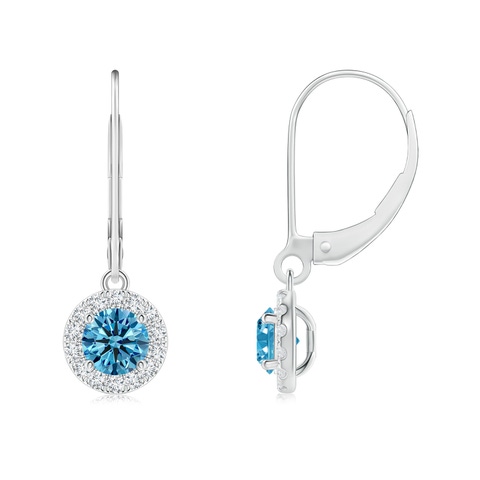 4.5mm AAAA Round Fancy Intense Blue Diamond Leverback Halo Dangle Earrings in 18K White Gold