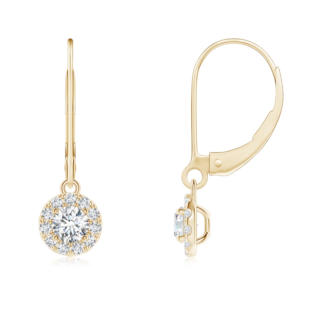 3.5mm GVS2 Round Diamond Leverback Halo Dangle Earrings in Yellow Gold