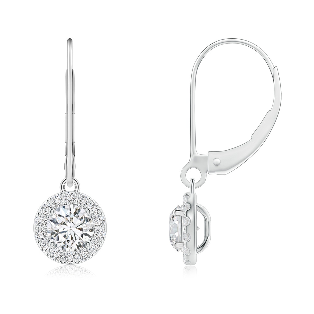 4.5mm HSI2 Round Diamond Leverback Halo Dangle Earrings in White Gold